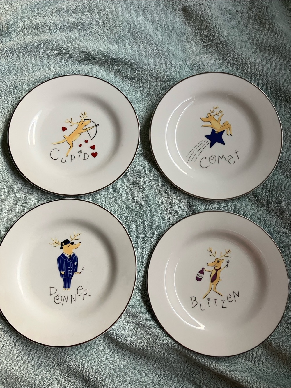 Set of 4 Pottery Barn Reindeer Dessert Plates  8 1/2” Retired Japan